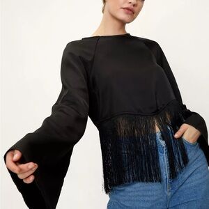 Satin Fringe Hem Long Sleeve Top